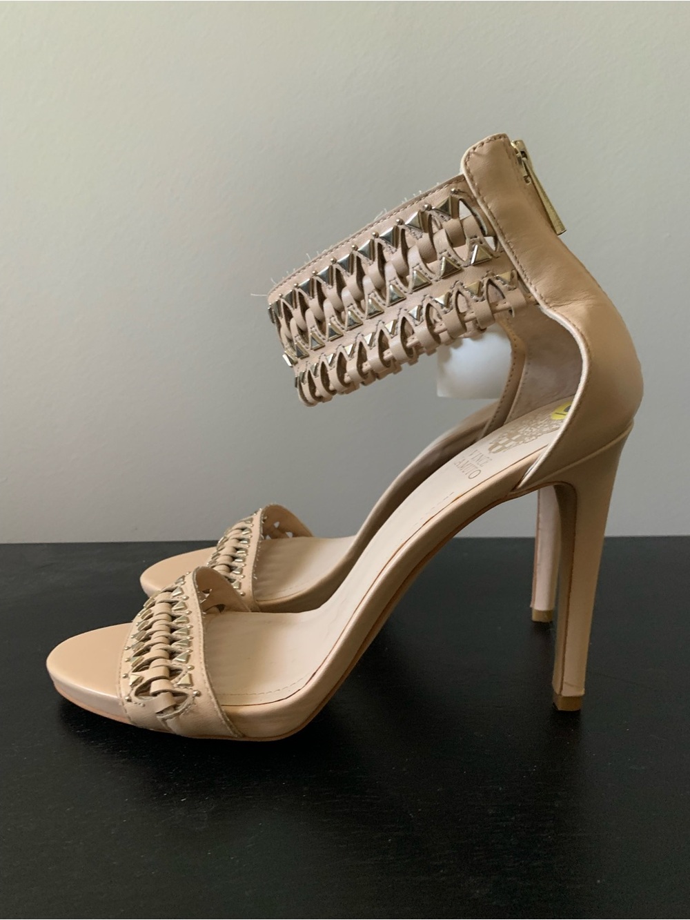 Vince Camuto Nude Studded Braided Ankle-Strap High Heels